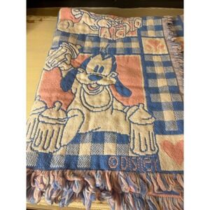 Vintage 1980s Disney Baby Blanket Mickey Donald Daisy Goofy Pink Blue Fringe